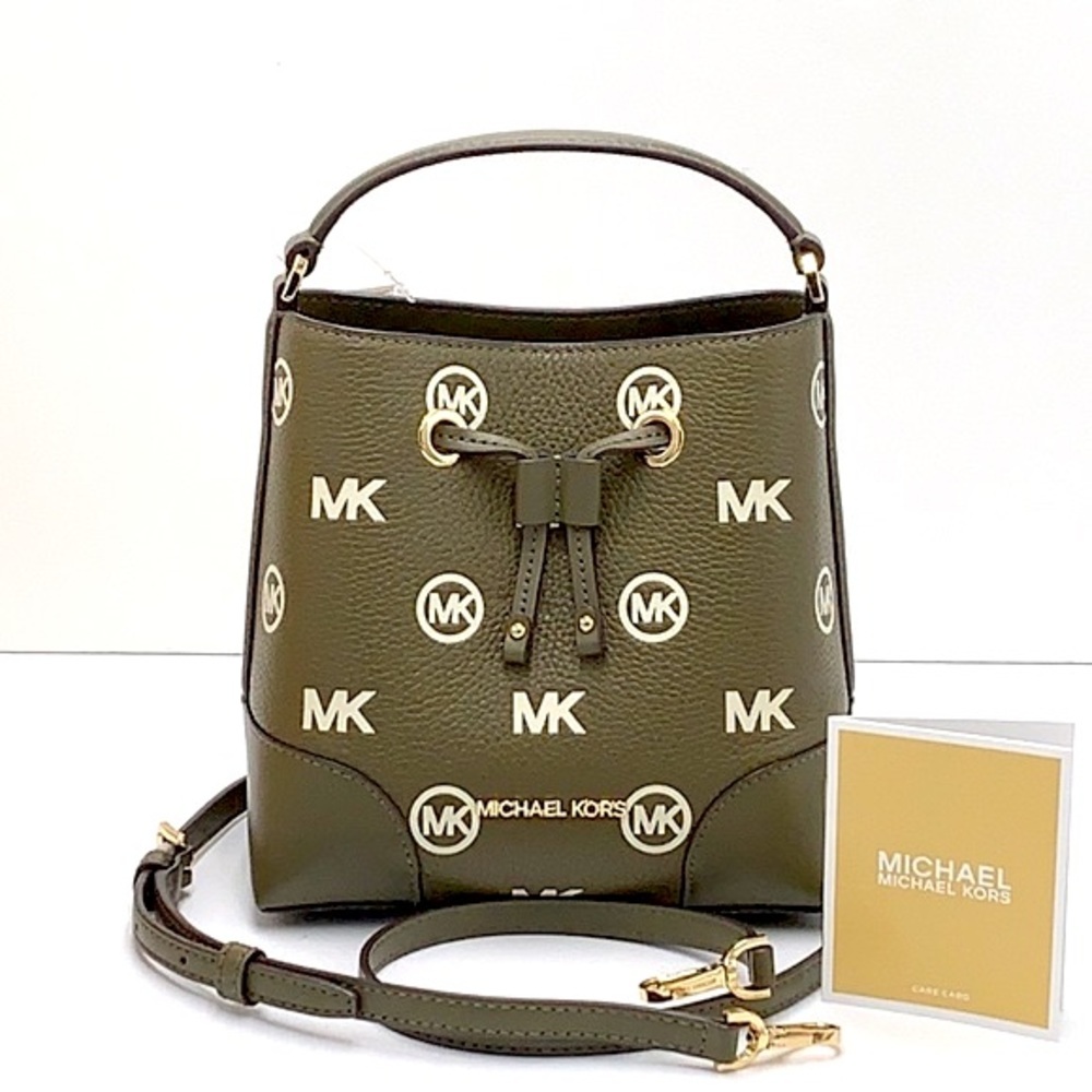 MICHAEL KORS
Mercer Small Logo Embossed Leather
Bucket Bag OLIVE COLOR